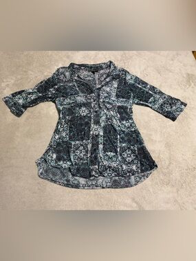 Style & Co. Black and Teal Printed Button-Front Tunic